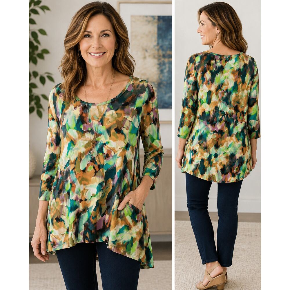 LOGO Lori Goldstein Large Abstract Print Tunic Top Pockets Boho Artsy Rayon